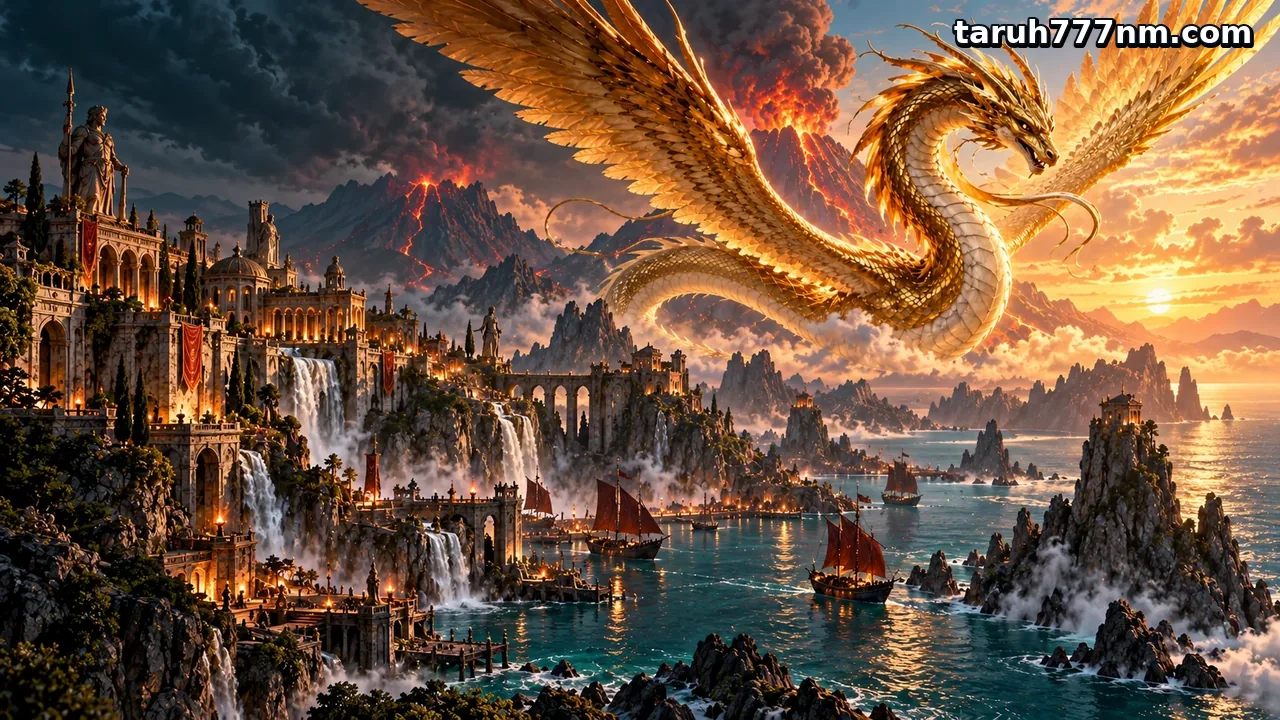 taruh777 — Naga emas terbang di atas pelabuhan fantasi